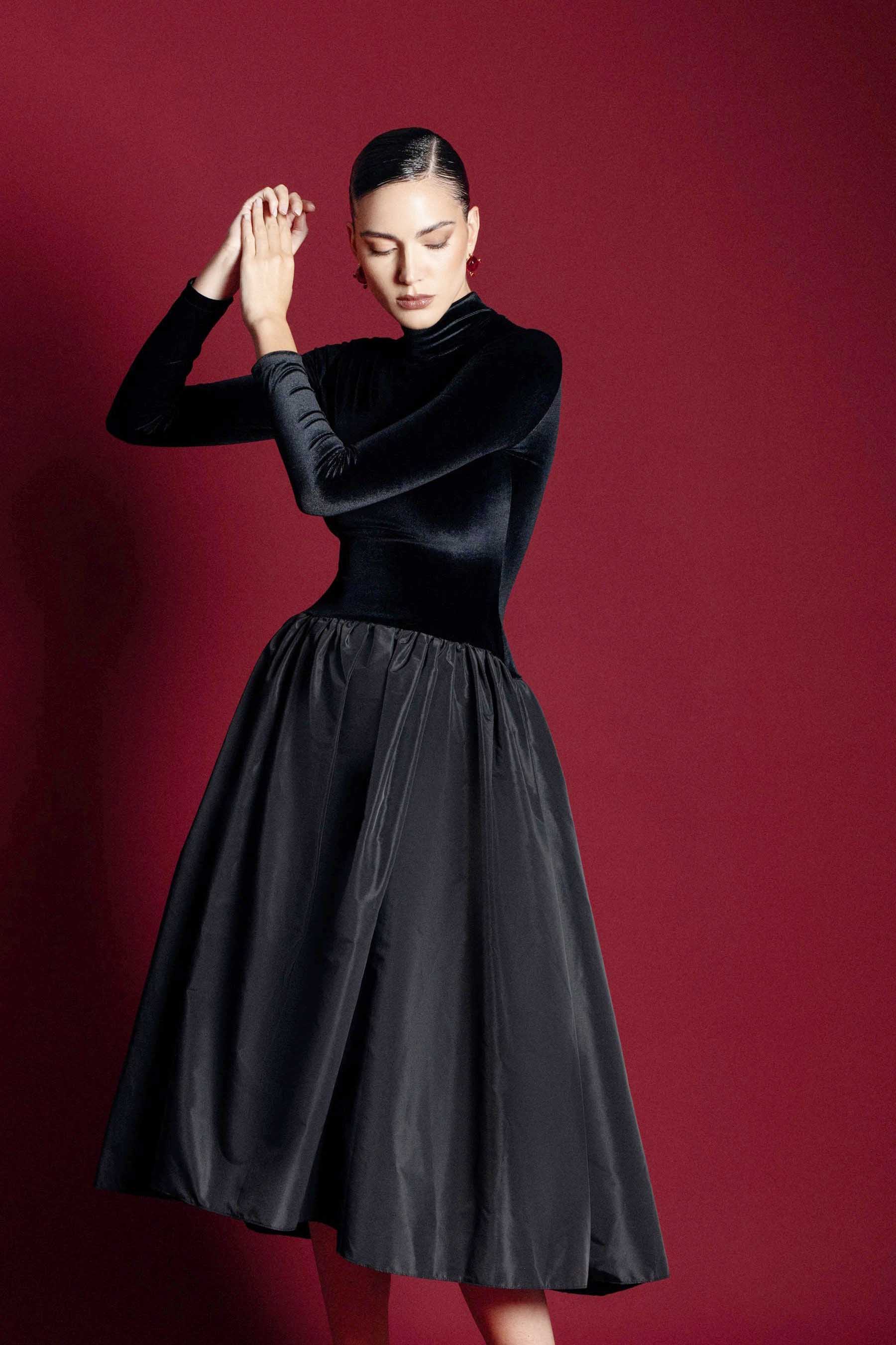 Clarisse Elegant Velvet & Taffeta Midi Dress